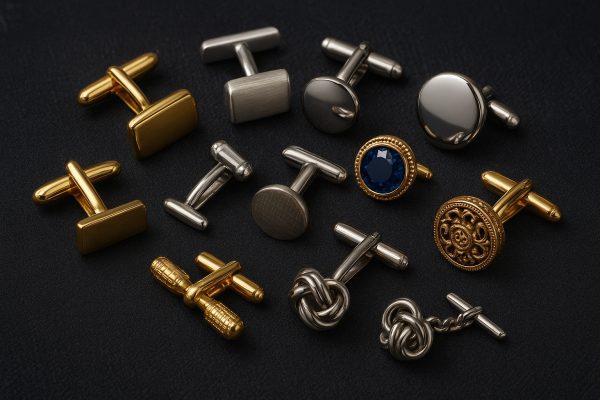 Diverse cuff links in gold, silver, steel, and gemstone, arrayed on a tailored wool fabric, highlighting fastening types and styles.