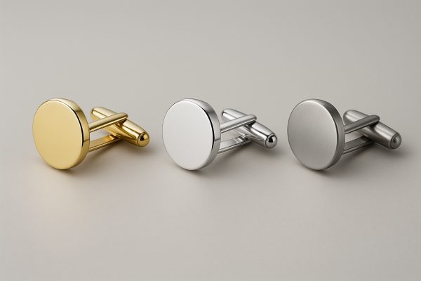 Three pairs of cuff links\u2014gold, silver, and steel\u2014side by side on a smooth, warm-gray background.