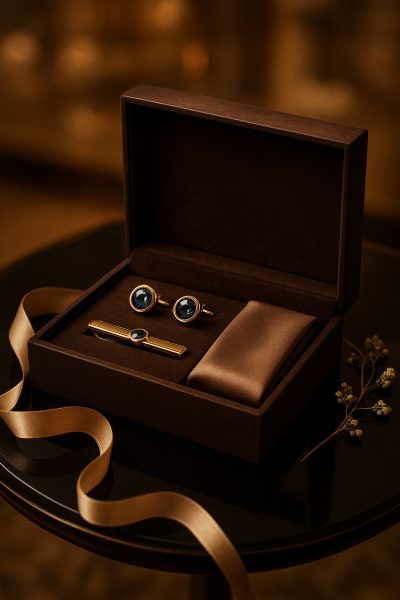 Velvet box with gemstone cuff links, tie clip, and silk pocket square, on a reflective tray with a formal, blurred background.