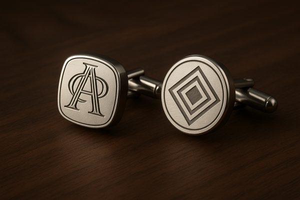 Engraved cuff links\u2014one monogrammed, one with geometric motif\u2014on a dark walnut surface, highlighting fine custom detail.