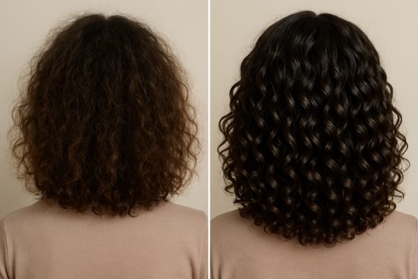 Back view of curly hair: frizzy on one side, smooth and defined on the other.