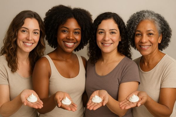 Four diverse women with different curl types holding curl cream in their hands.