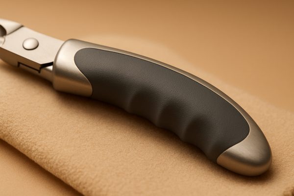 Ergonomic cuticle cutter handle with silicone inlays and grooves, resting on a beige cloth.
