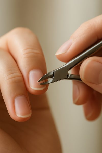 Close-up showing precise, safe hangnail cutting with a stainless steel cuticle cutter.