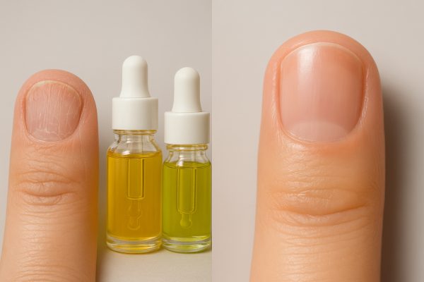 Side-by-side image showing dry nails and the same nails after moisturizing cuticle oil treatment.