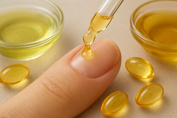 Macro of a fingernail being massaged with vitamin E cuticle oil, surrounded by vitamin capsules and plant oils.