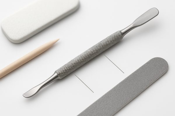 Extreme close-up of a metal cuticle pusher with highlighted handle and tips, accessories blurred behind.