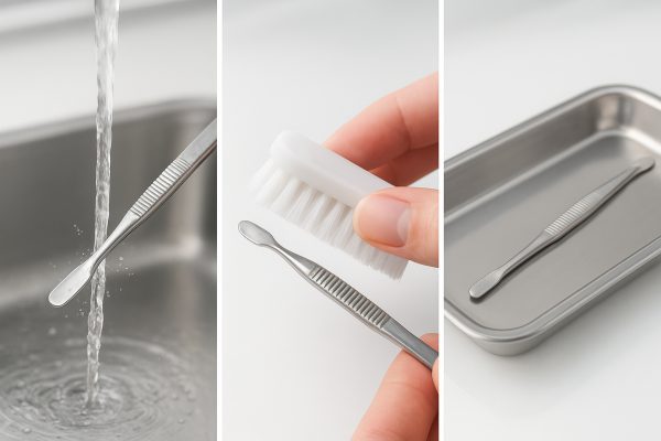 Segmented image of cuticle pusher being rinsed, scrubbed, and placed in a sterilization tray.