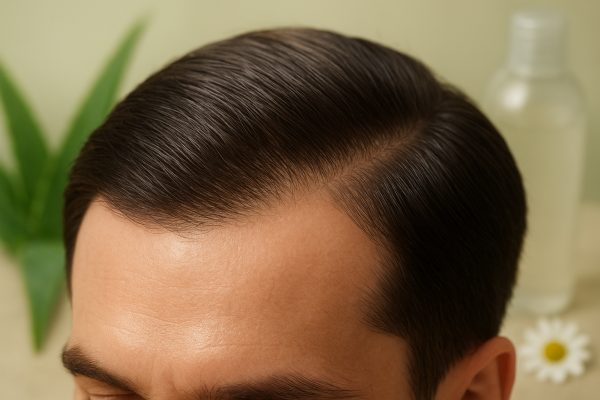 Macro view of a man's healthy, flake-free scalp and hair, with aloe and chamomile visible in the background.
