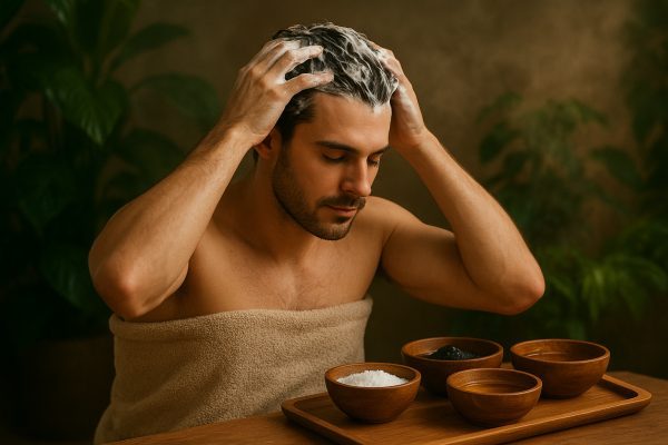 A man in a spa-like setting massages shampoo into his scalp, with hydrating ingredients on a tray and plants nearby.