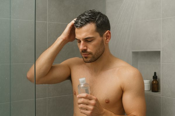 A man applies sulfate-free dandruff shampoo in a modern glass shower, with ingredient containers on a shelf.