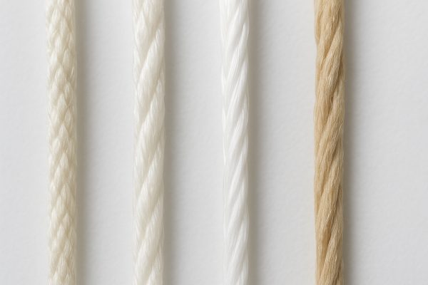 Macro view of four dental floss types, showing texture and material differences on a white acrylic panel.