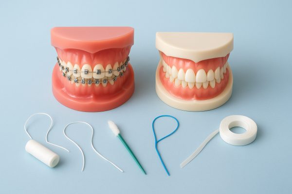 Dental floss types aligned beside braces and natural teeth models on a blue background for device suitability comparison.