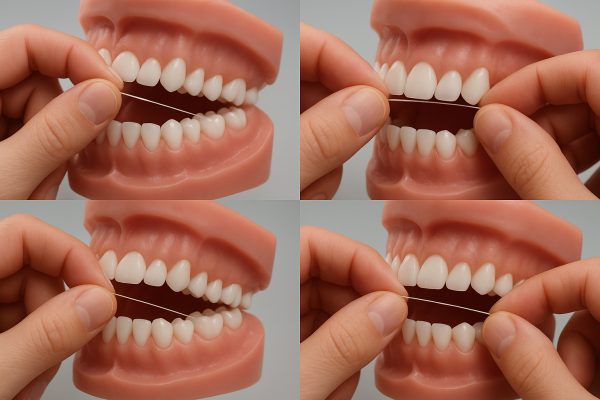 Hands showing step-by-step C-shape flossing technique on a dental model, emphasizing gumline cleaning.