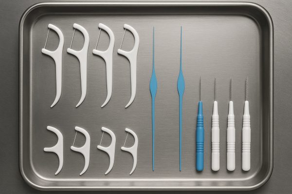 Overhead comparison of dental floss picks, threaders, and interdental brushes on a reflective steel tray.