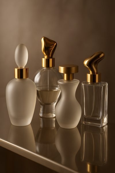 Close-up of sculptural designer perfume bottles with frosted glass and gold accents on a mirrored surface.