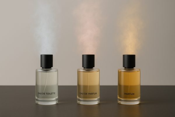 Three fragrance vials with colored mists, each representing a different scent concentration and sillage.
