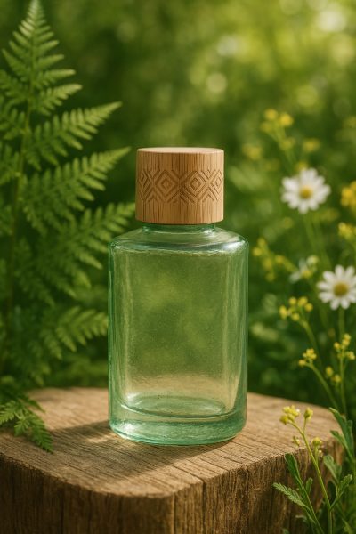 Sustainable fragrance bottle with bamboo cap among ferns and wildflowers, bathed in soft sunlight.