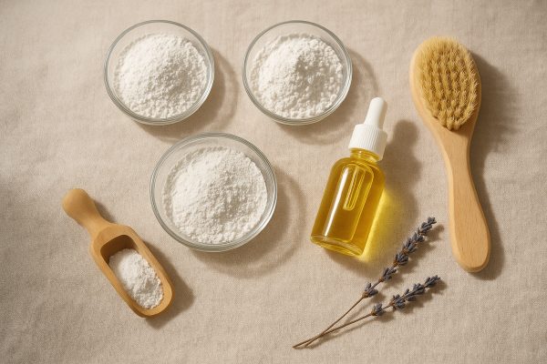 Flat lay of natural dry shampoo ingredients\u2014powders, clay, oil, scoop, brush, and lavender\u2014on a soft beige linen background.