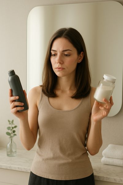 Woman in a softly lit bathroom considers aerosol versus powder dry shampoo in front of a mirror.