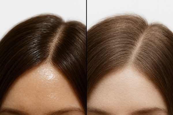 Macro split-screen: oily hair and scalp versus dry shampoo-treated, refreshed hair on white background.