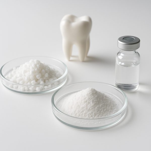 Lab dishes with hydroxyapatite, calcium phosphate, and fluoride solution on white background.