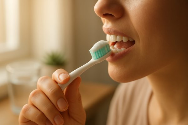 Close-up of a hand and mouth gently brushing teeth with enamel repair toothpaste, warm light, and soft background.
