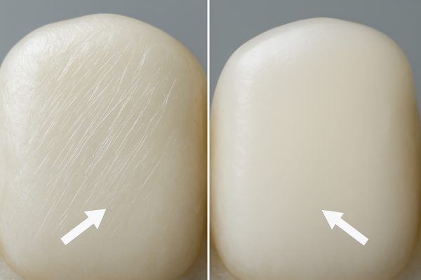 Split macro image comparing tooth enamel: one side scratched, one side smooth after different toothpastes.