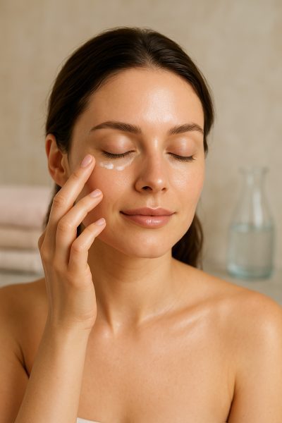 Woman applying eye cream to hydrated under-eye skin, with soft towels and water in a serene background.