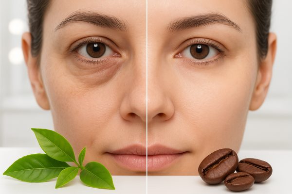 Under-eye transformation with reduced puffiness and dark circles, green tea leaves and coffee beans in front.