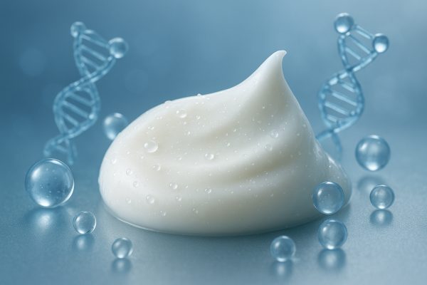 Macro of creamy eye cream with moisture droplets, hyaluronic spheres, peptide helix, on a blue-silver background.