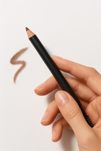 Hand elegantly holding an eyebrow pencil, showcasing tip, spoolie, wax, and brow color swatch on clean white.