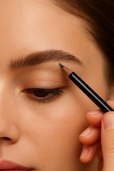 Beauty model applying eyebrow pencil in fine, natural strokes, matching brow and hair color.
