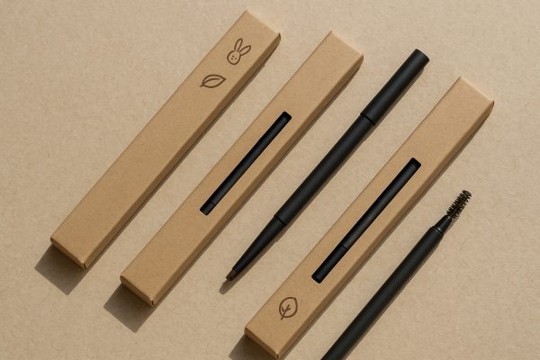 Eco-conscious eyebrow pencil packaging with cruelty-free and vegan icons on recycled paper.