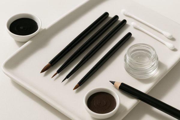 Extreme macro of eyeliner brushes, pigment dishes, and gel pot on a pristine tray.