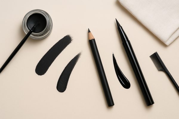 Flat lay of gel pot, pencil, and liquid liner with distinct finish swatches.