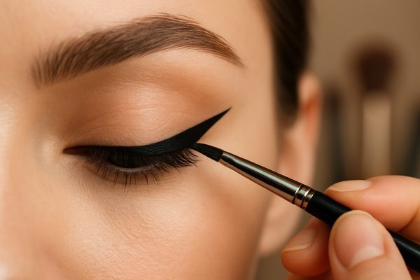 Close-up of a cat eye wing being drawn with a fine brush and gel liner.