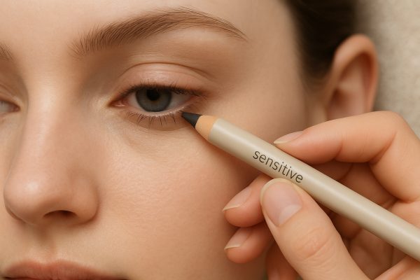 Hypoallergenic eyeliner pencil applied to waterline on delicate skin.