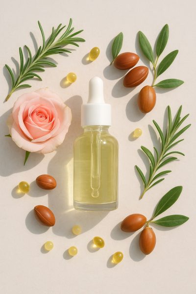 Flat lay of glass droppers with botanical oils, fresh plant elements, and vitamin capsules on a sunlit surface.