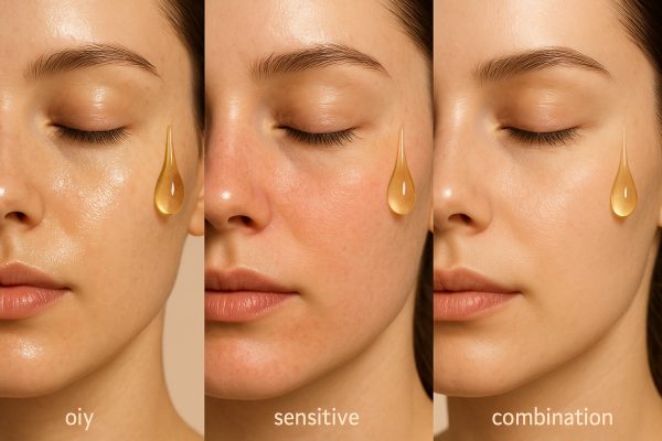 Three-panel image showing close-ups of oily, sensitive, and combination skin with corresponding face oil and texture.