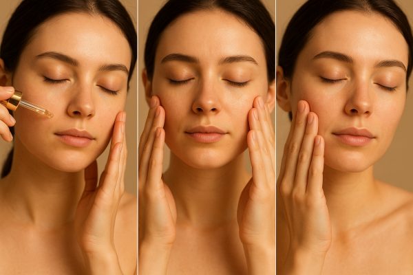 Three-step sequence of hands applying serum, then oil, then moisturizer to the face in soft light.