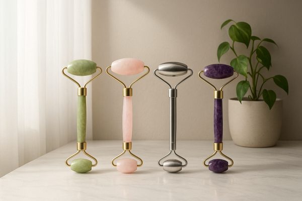 Face rollers of jade, rose quartz, stainless steel, and amethyst arranged on a matte marble vanity with a small trailing plant accent.