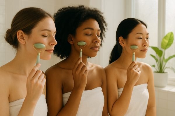 Three diverse models use face rollers on their cheekbones in a sunlit bathroom, each showing a distinct massage pressure.