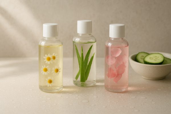 Toner bottles and fresh botanical extracts on a stone spa countertop with cucumber slices and water droplets.