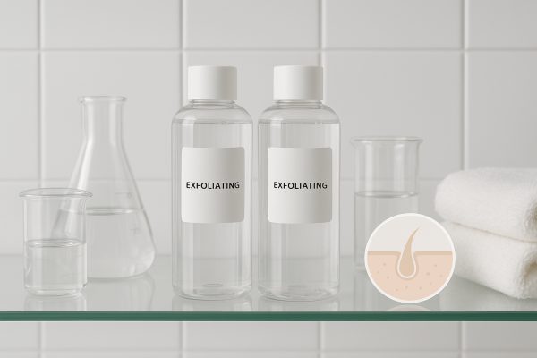 Exfoliating toner bottles with lab glassware of acids, towel, and skin sample on a glass shelf.