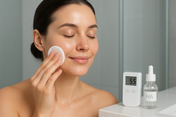Woman with glowing skin applying toner with a cotton pad, pH meter and serum in a modern bathroom.
