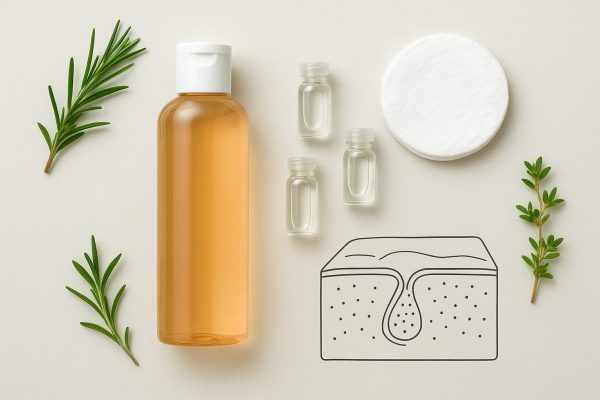 Witch hazel toner, astringent vials, cotton pads, and pore minimization diagram on a clean tabletop.