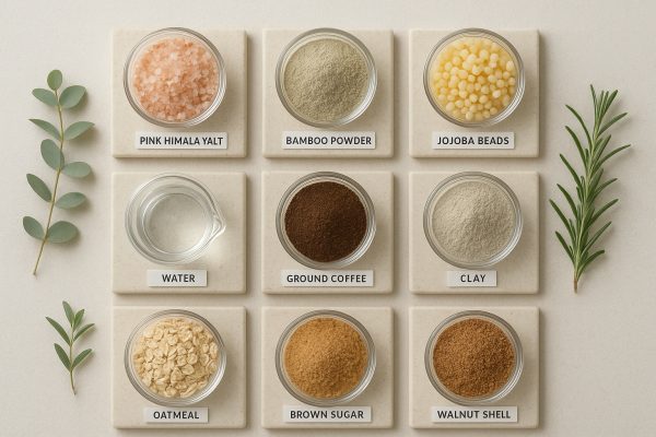 Flat lay of diverse natural and synthetic exfoliating ingredients, each in labeled glass containers on neutral ceramic tiles.