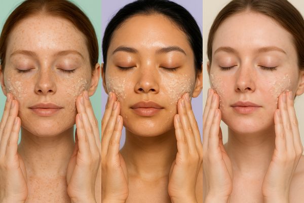 Three unique women applying creamy oatmeal facial scrub with pastel backgrounds illustrating different skin types.