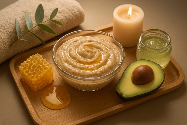 Creamy oatmeal scrub with honey and coconut oil, surrounded by spa elements on a tray.